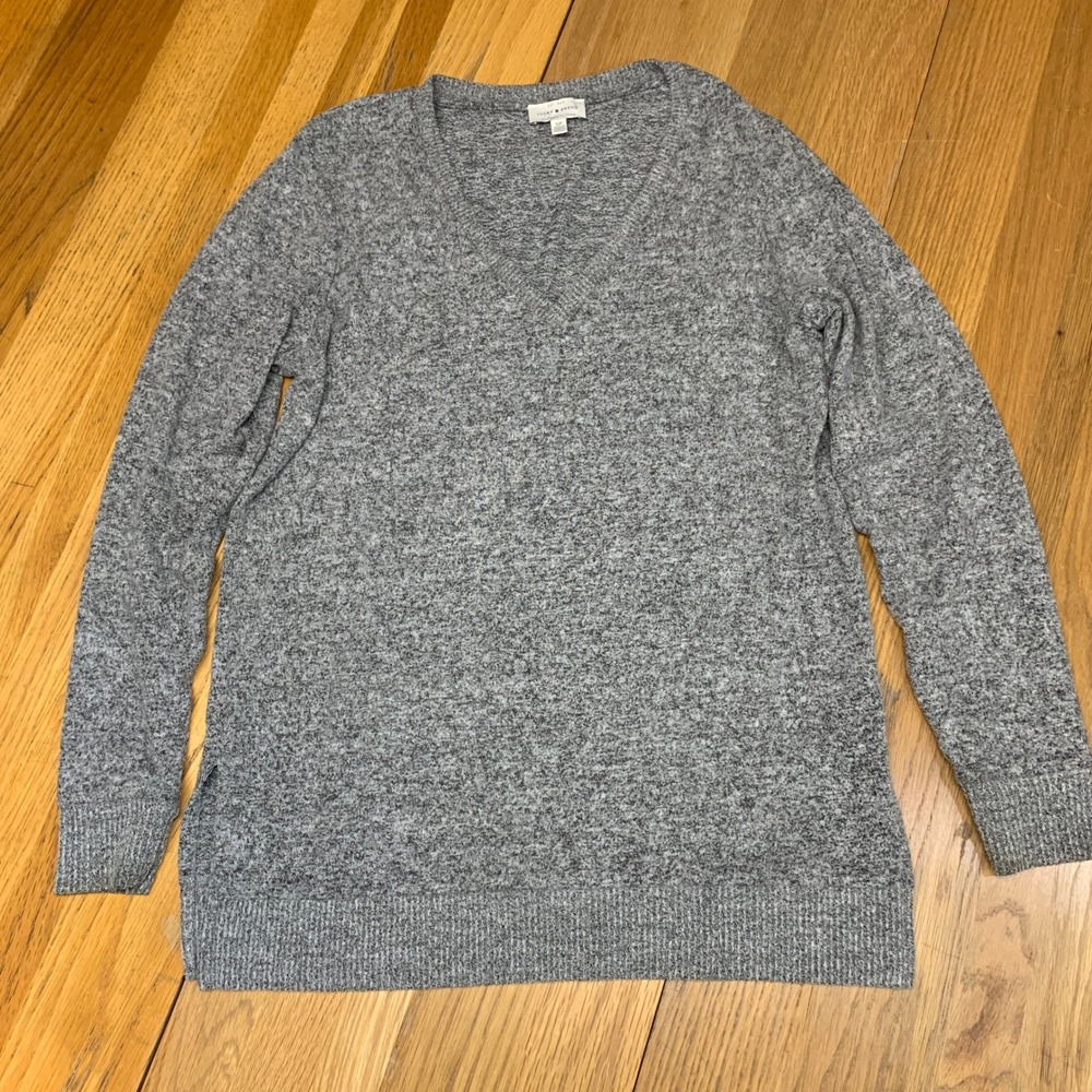 Lucky Brand Womens Grey Marled V-Neck Side Slit Knit Sweater Size S Lightweight